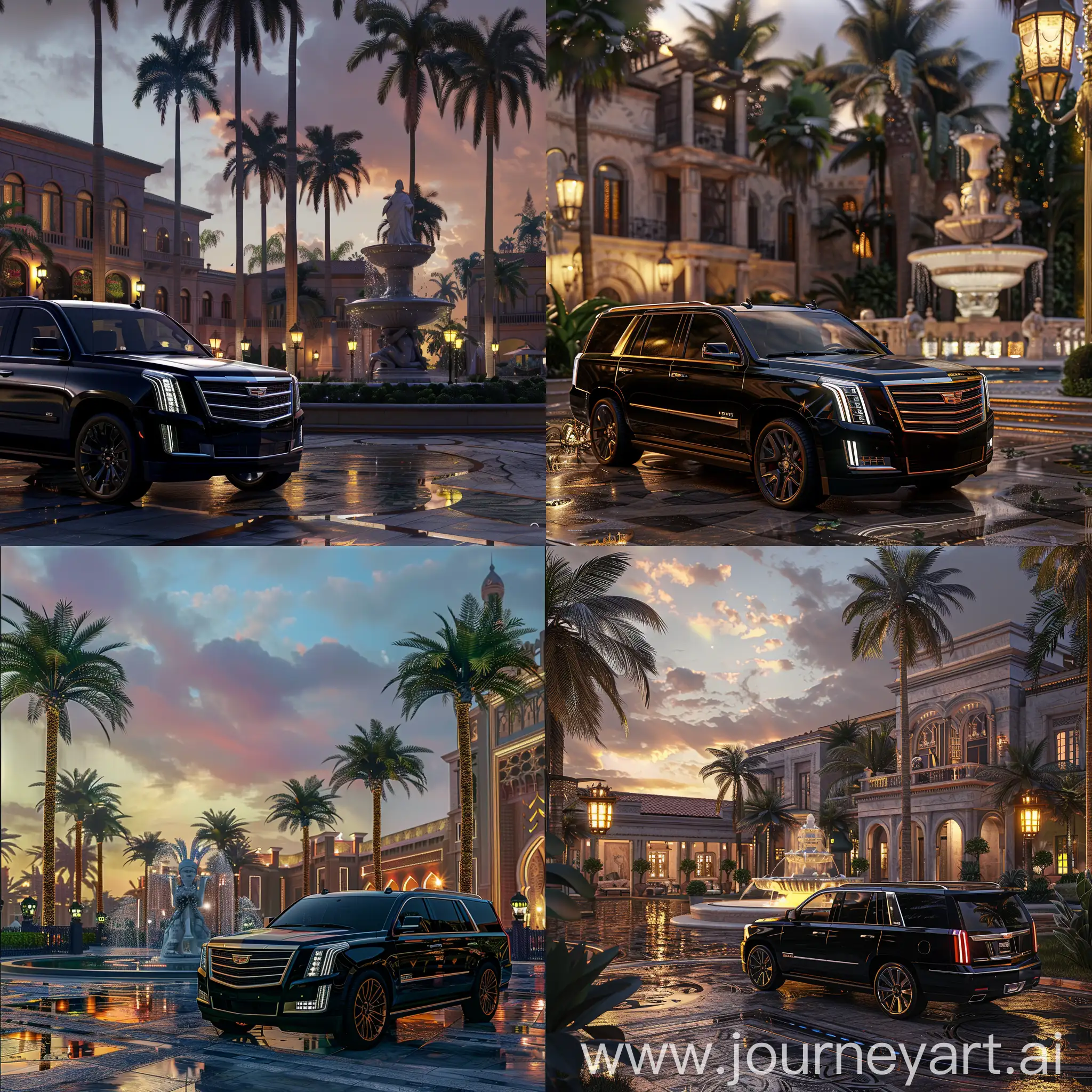 Luxury-Cadillac-Escalade-at-Private-Palace-with-Fountain-and-Herald-Sculpture