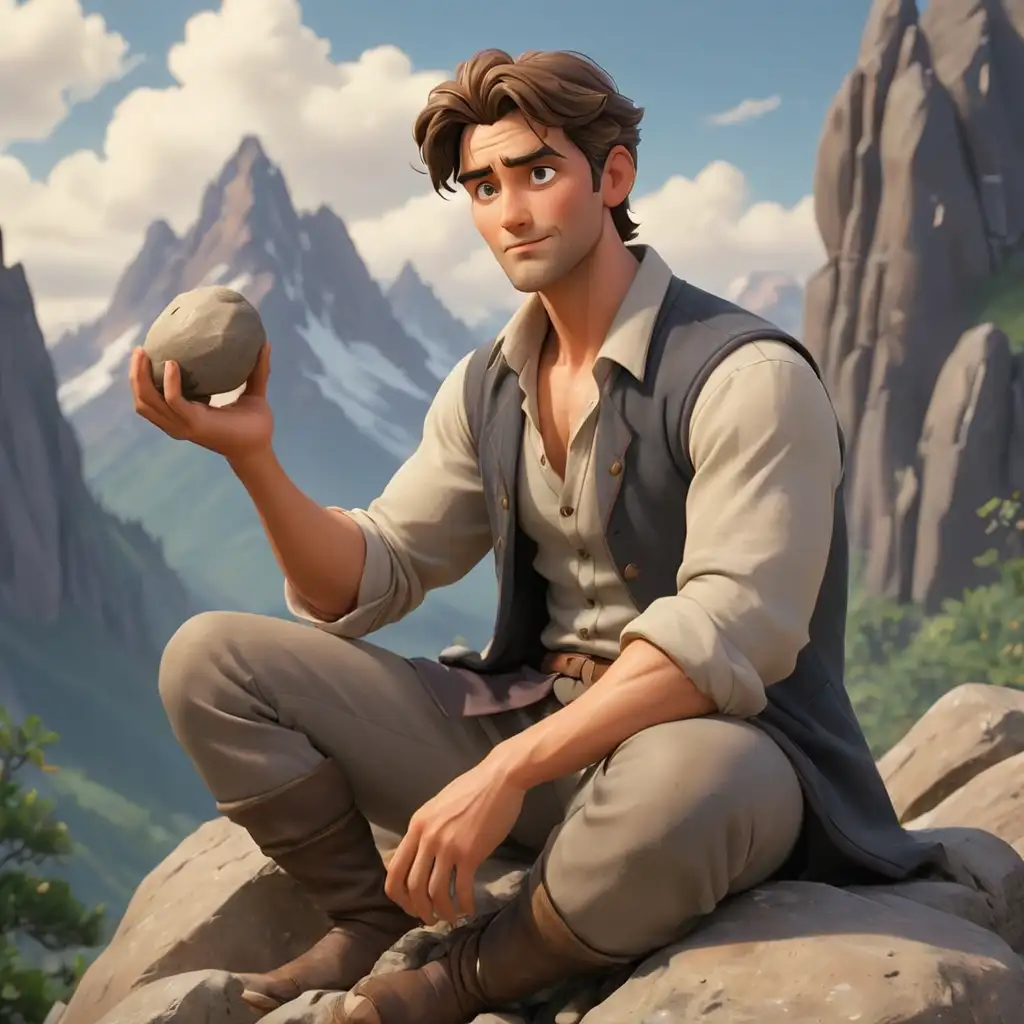 Handsome-Man-Sitting-on-Stone-in-Front-of-Mountains-Holding-Stone-Animated-Portrait