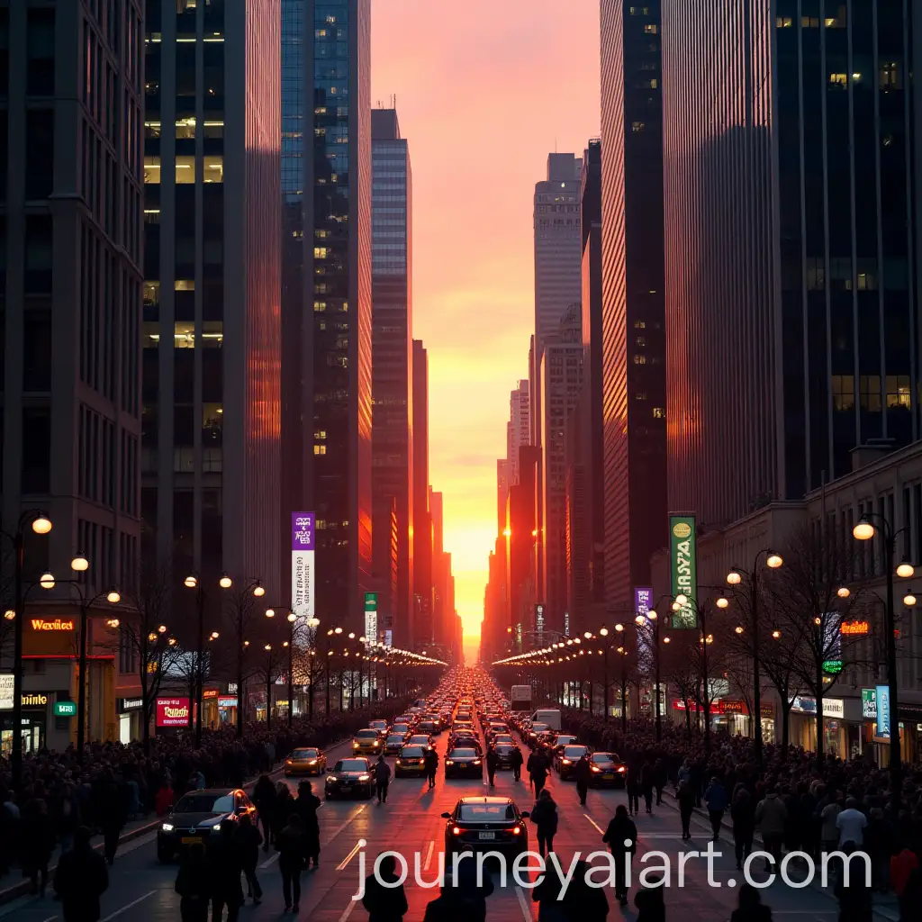 Bustling-Cityscape-at-Sunset-with-Skyscrapers-and-Street-Activity
