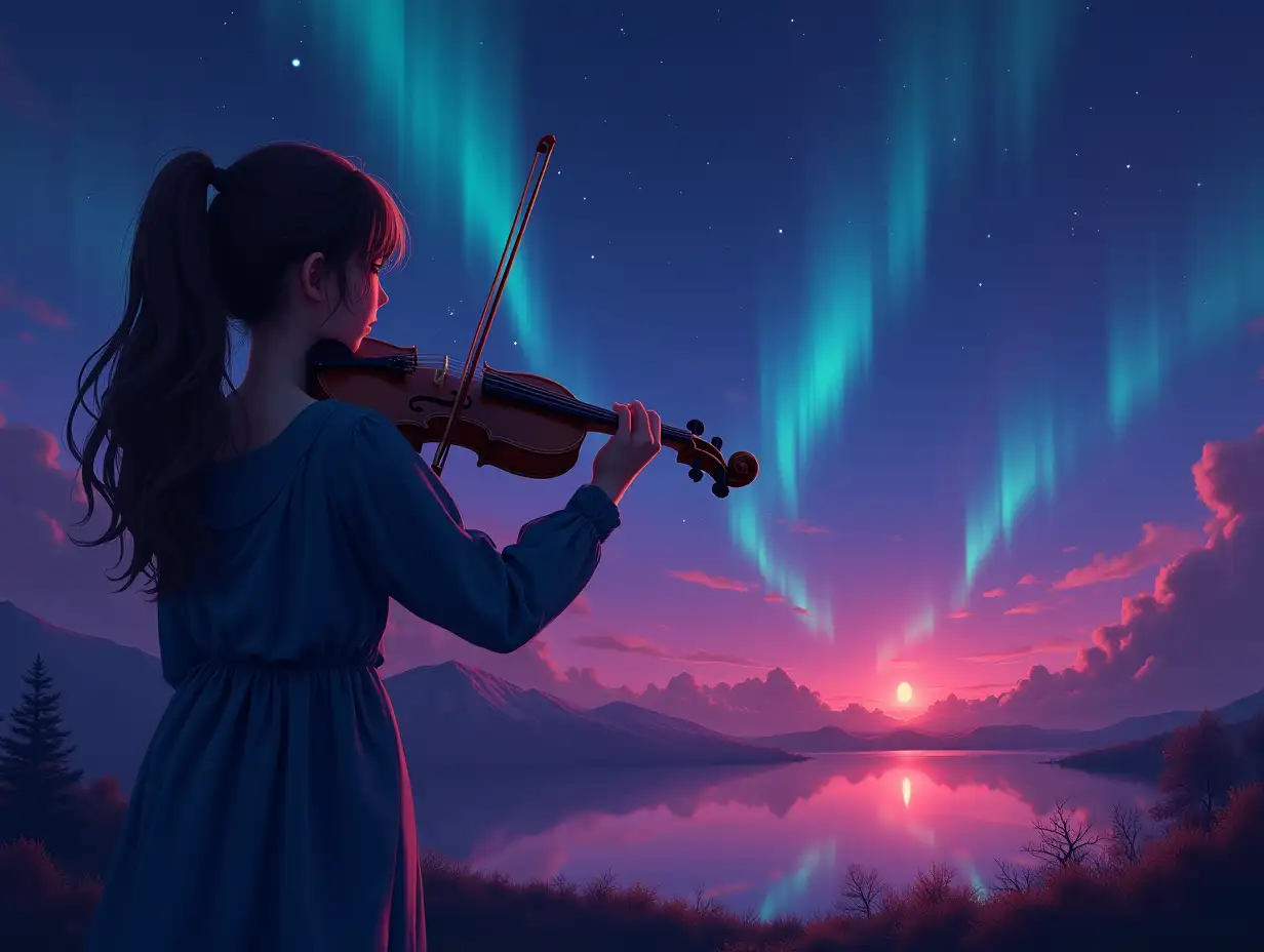 create a an 16.4 image for a trap music where a girl facing back is playing a violin and aroras in the sky night time. girl is must be in the left side of the image