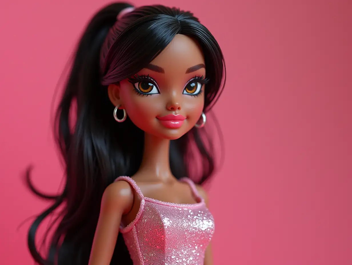 Create art: 3D-doll in Bratz style, made of soft touch plastic. Full-size character, repeats the appearance and outfit from my photo. Copy every detail: hairstyle, lips, eyes, facial features and proportions. Clothing must be exact, with an emphasis on style and textures. Doll lies in a plastic depression that matches its silhouette. Create a collector's action figure of a human - like an expensive toy in packaging. Style: as realistic as possible, suitable for advertising or storytelling (aspect ratio 9:16). Name Aisha- letters embossed and engraved on the box Accessories inside the box: Arranged next to the doll in their respective compartments in separate cells accessories that match the atmosphere and character.
