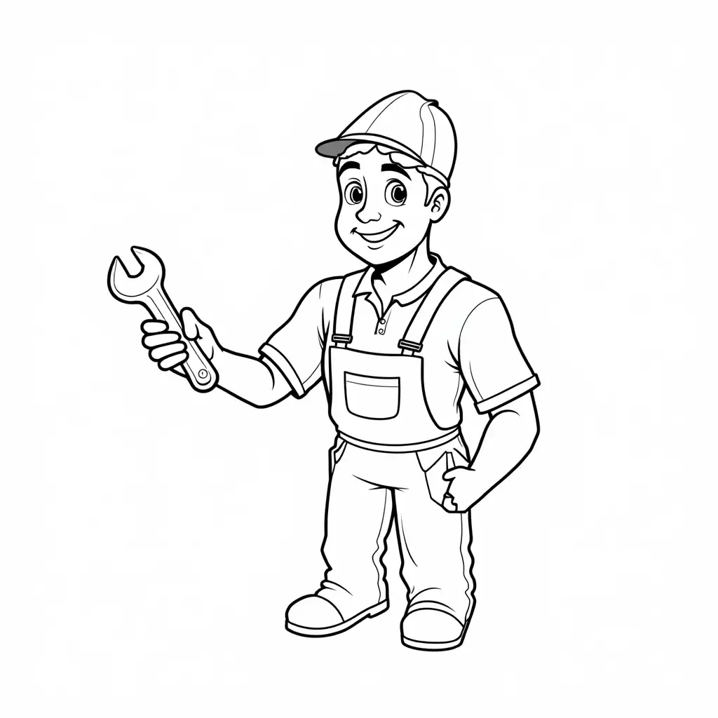 Mechanic-with-Wrench-in-Hand-Coloring-Book-Page-for-Kids