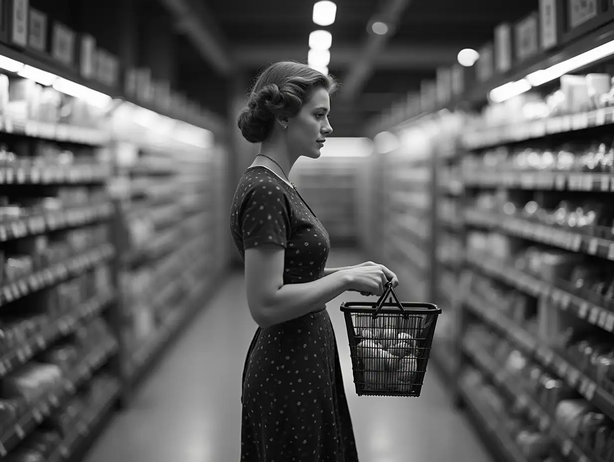 1930s-Woman-Shopping-with-Heavy-Wire-Basket-in-Supermarket