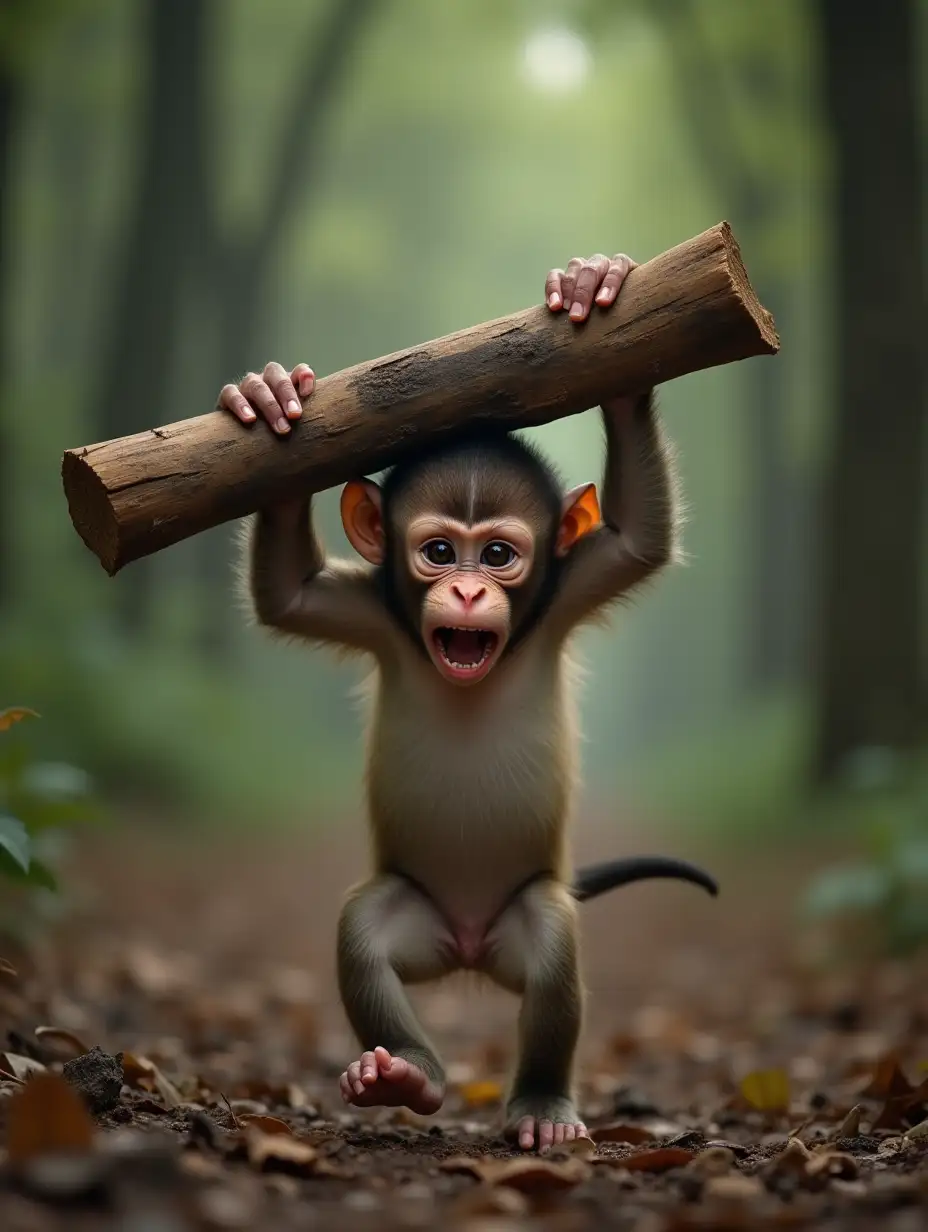 A baby brown monkey in a scary forest, very angry, holding a large piece of wood, holding the wood above its head with both hands, and running towards the camera.