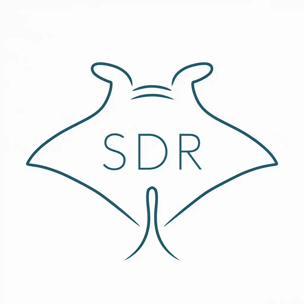 Create a logo for the brand “SdR”. The logo is highly symmetrical, with the only text “SdR” centered within a symmetrical shape. There is no other text. The shape is a stylized manta ray, created using simple, continuous lines. The manta ray is depicted from above. The font is a simple, clean, thin, sans-serif, spaced out, which adds to the modern and clean aesthetic. The symmetry of the logo contributes to a balanced and harmonious appearance. There is adequate spacing between the manta ray and the text, ensuring that each element is distinct and easy to read. The logo uses a dark or white color, for both the manta ray and the text, for contract with the background. The background exists of calming color gradients to communicate the dynamic yet secure nature of the ecosystem.