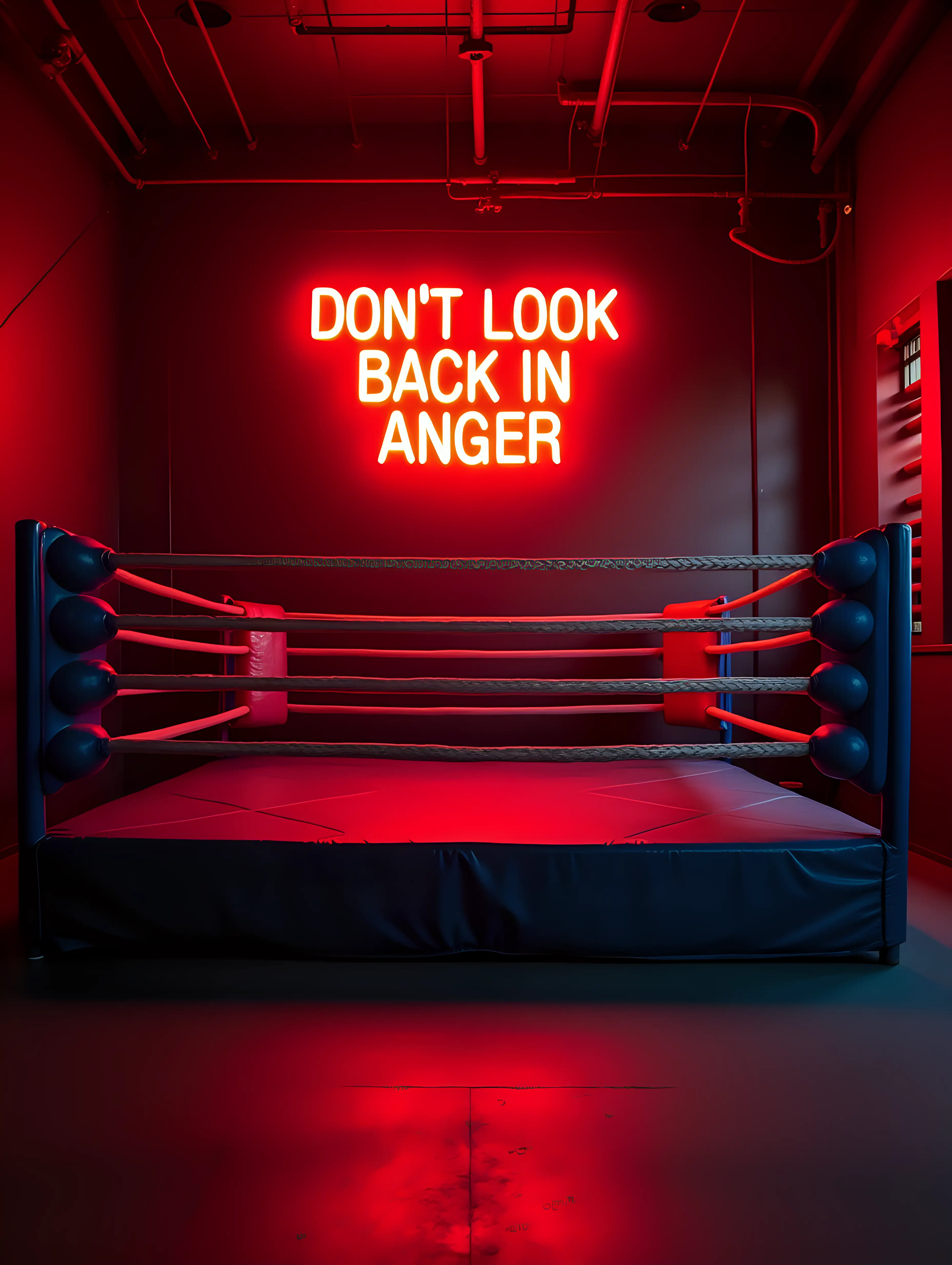 Create a photo of inside a UK boxing gym which has a boxing ring in the centre of it. At the rear of the gym, there is a large red neon sign hanging at the top of the image, which says: "DON'T LOOK BACK IN ANGER". All the electrical connections to the neon are clearly visible.