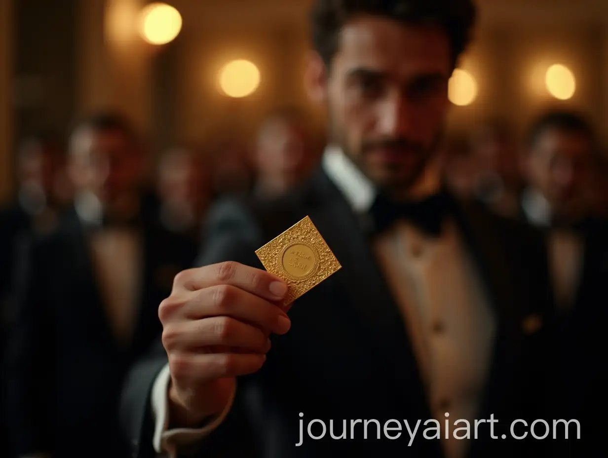 Elegant-Man-at-BlackTie-Gala-with-Golden-Invitation-Card
