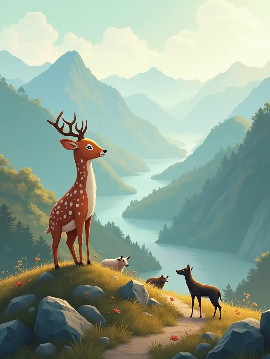 In faraway Japan, there is an auspicious and adorable sika-spotted deer named Xiaoji. He stands on the top of a mountain and happily watches the Taiwanese black bears, mountain sheep, black dogs and cattle playing in the valley in the Yushan Mountains of Taiwan.