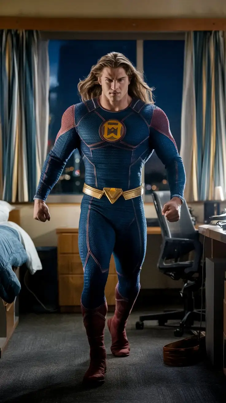 In a dorm room at night. A superhero with godlike brawn reverently contemplates his destiny and powers.