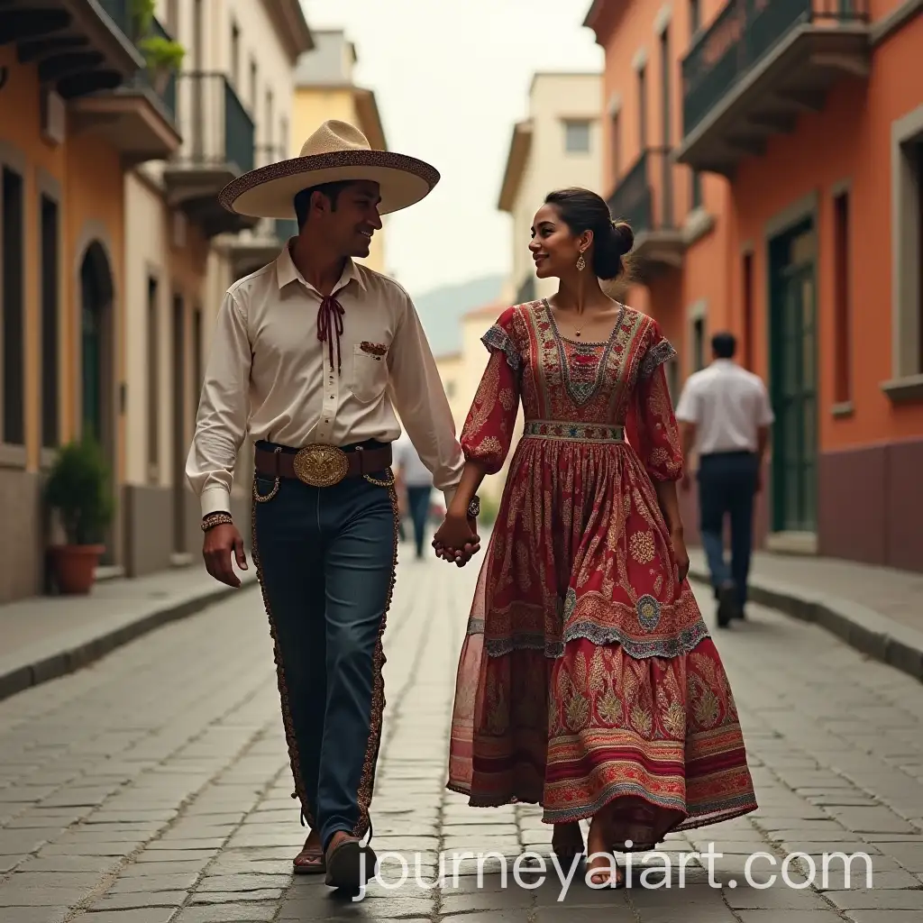 Couple-in-Traditional-Mexican-Clothing-Walking-Hand-in-Hand-in-City-Streets