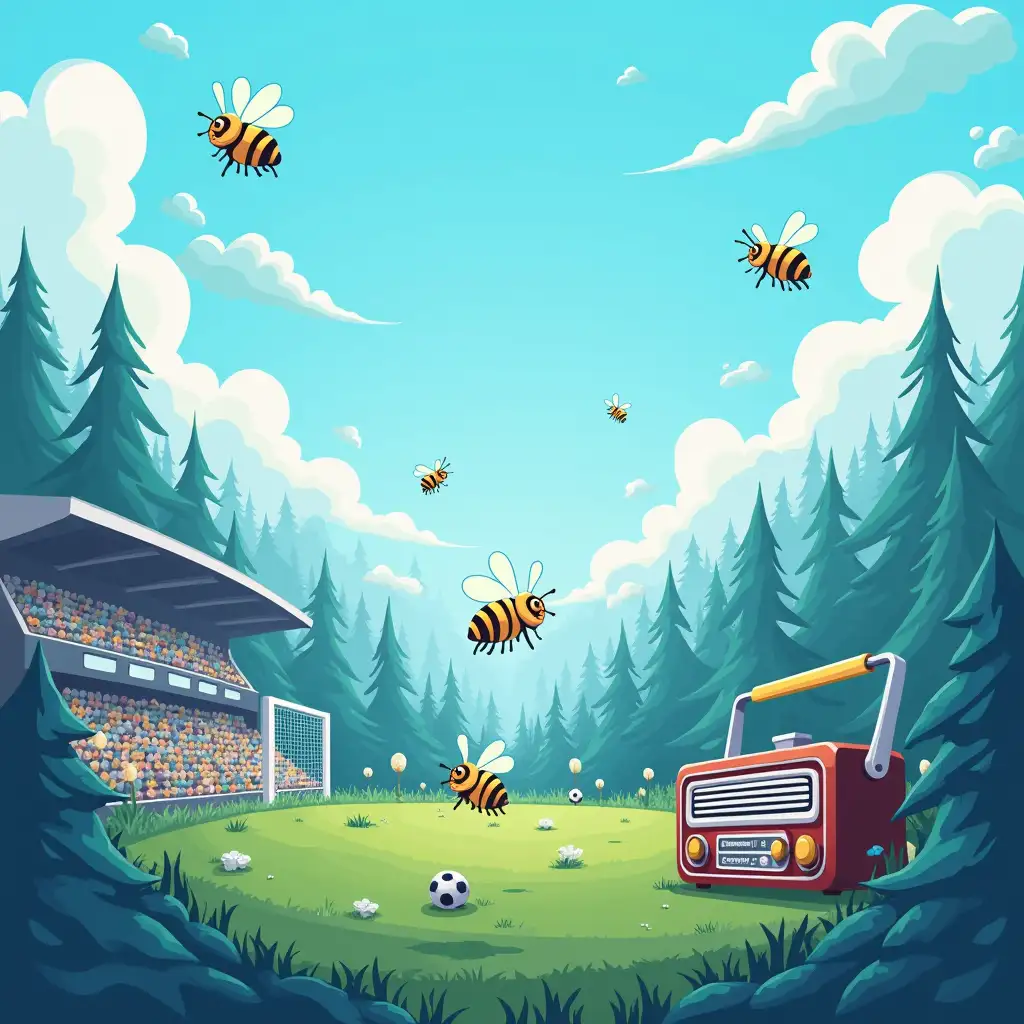 Blue as the backdrop, bees, soccer, stadium, radio, forest, cute