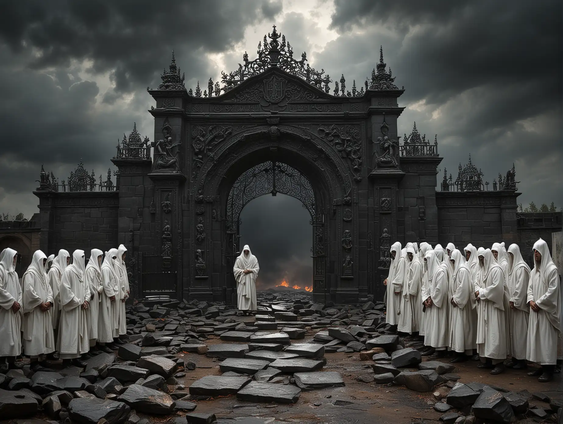 Mystical-Scholar-Confronts-Fiery-Gate-with-Disciples-in-Stormy-Atmosphere