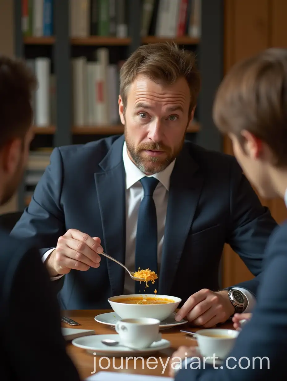 Caucasian-CEO-in-Suit-Eating-Soup-at-Desk-with-Secretary-and-Intern-Observing