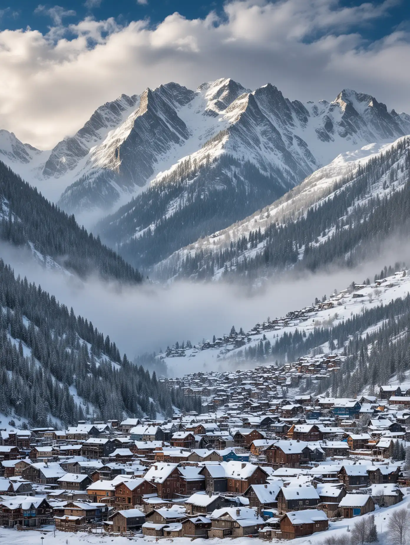 Snow-Capped-Rocky-Mountains-Surrounded-by-Clouds-and-Snow-Covered-Village