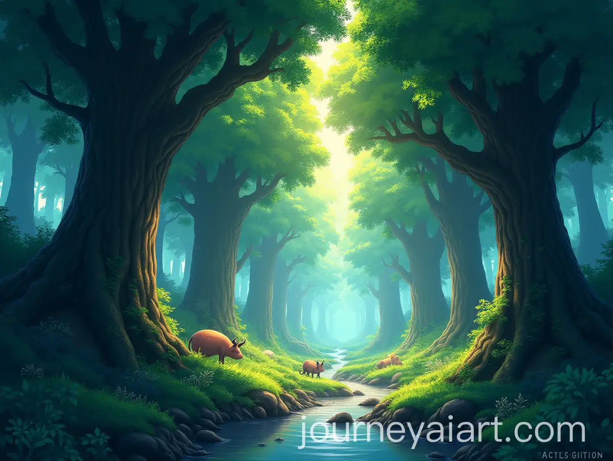 Serene-Forest-with-Mystical-Creatures-and-Gentle-Stream-in-Anime-Style