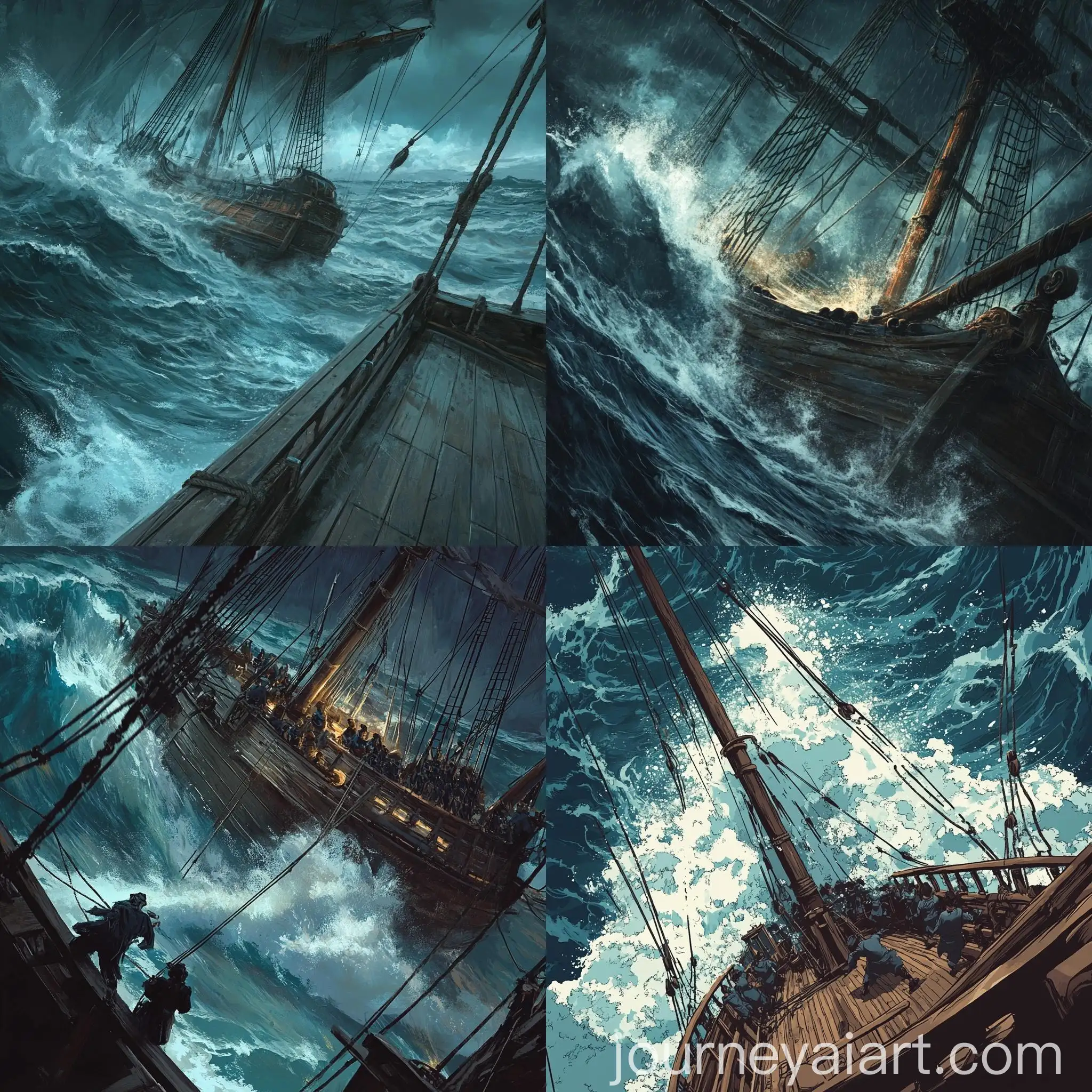 Students-on-Stormy-Sea-Wooden-Ship-in-Chaos