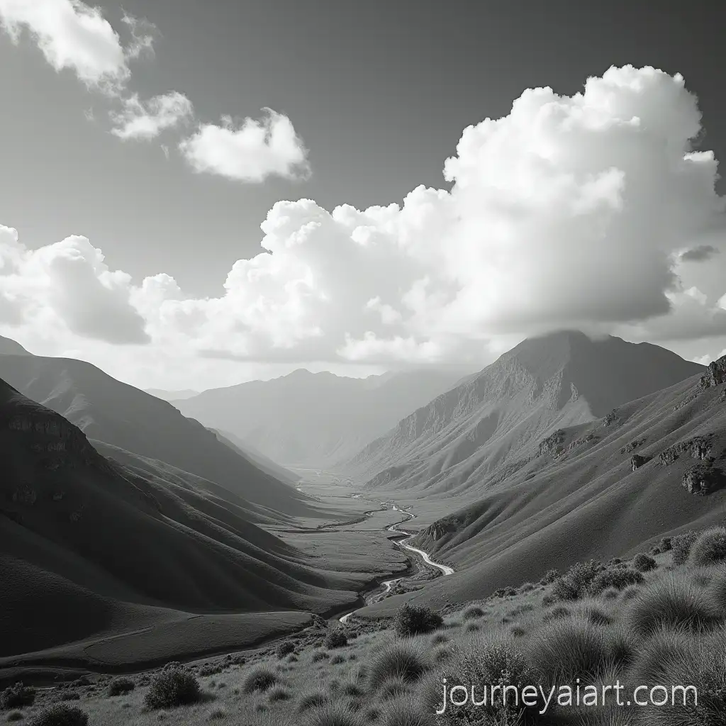 Black-and-White-High-Contrast-Landscape-of-Green-ValleyGreen-valley-landscape-with-Blue-Sky-and-Fluffy-Clouds-in-the-Style-of-Ansel-Adams