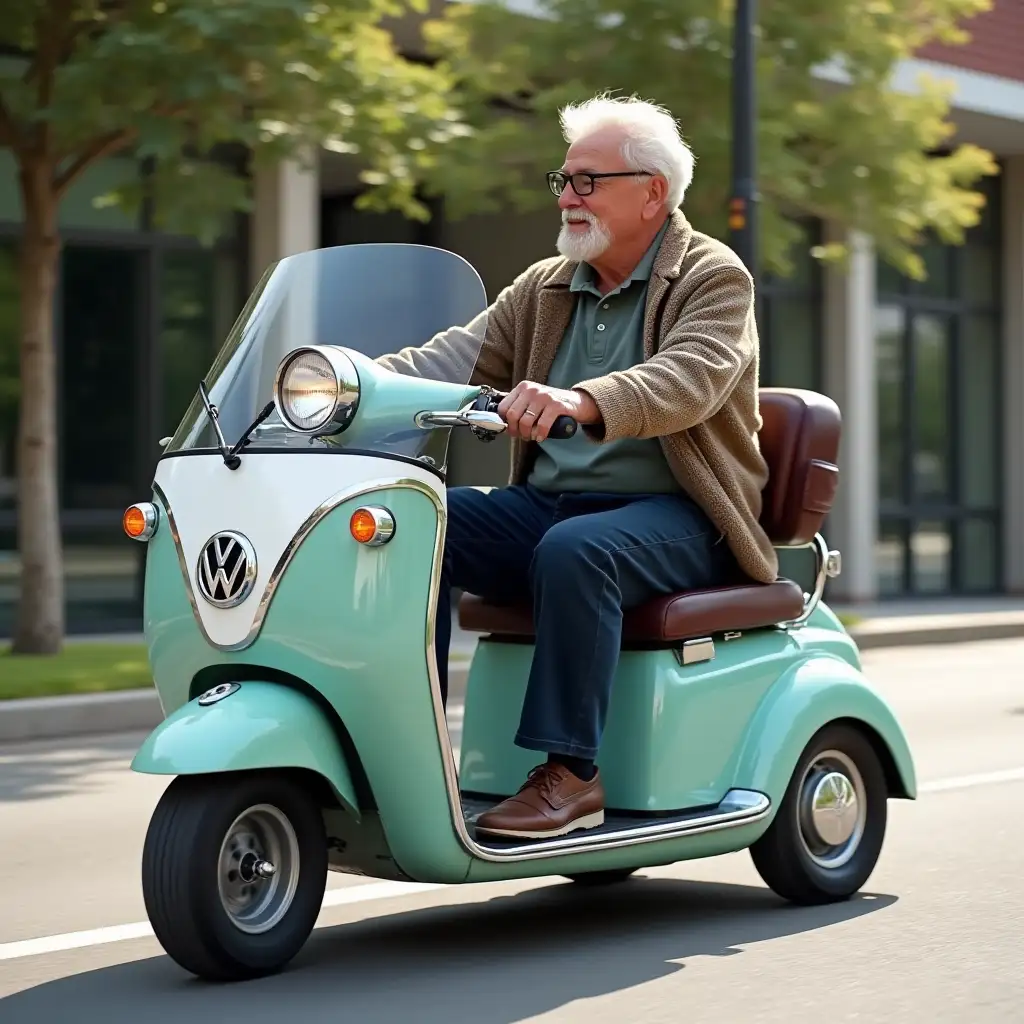 volkswagen kombi as a mobility scooter for elderly people being ridden by a 50-year old male