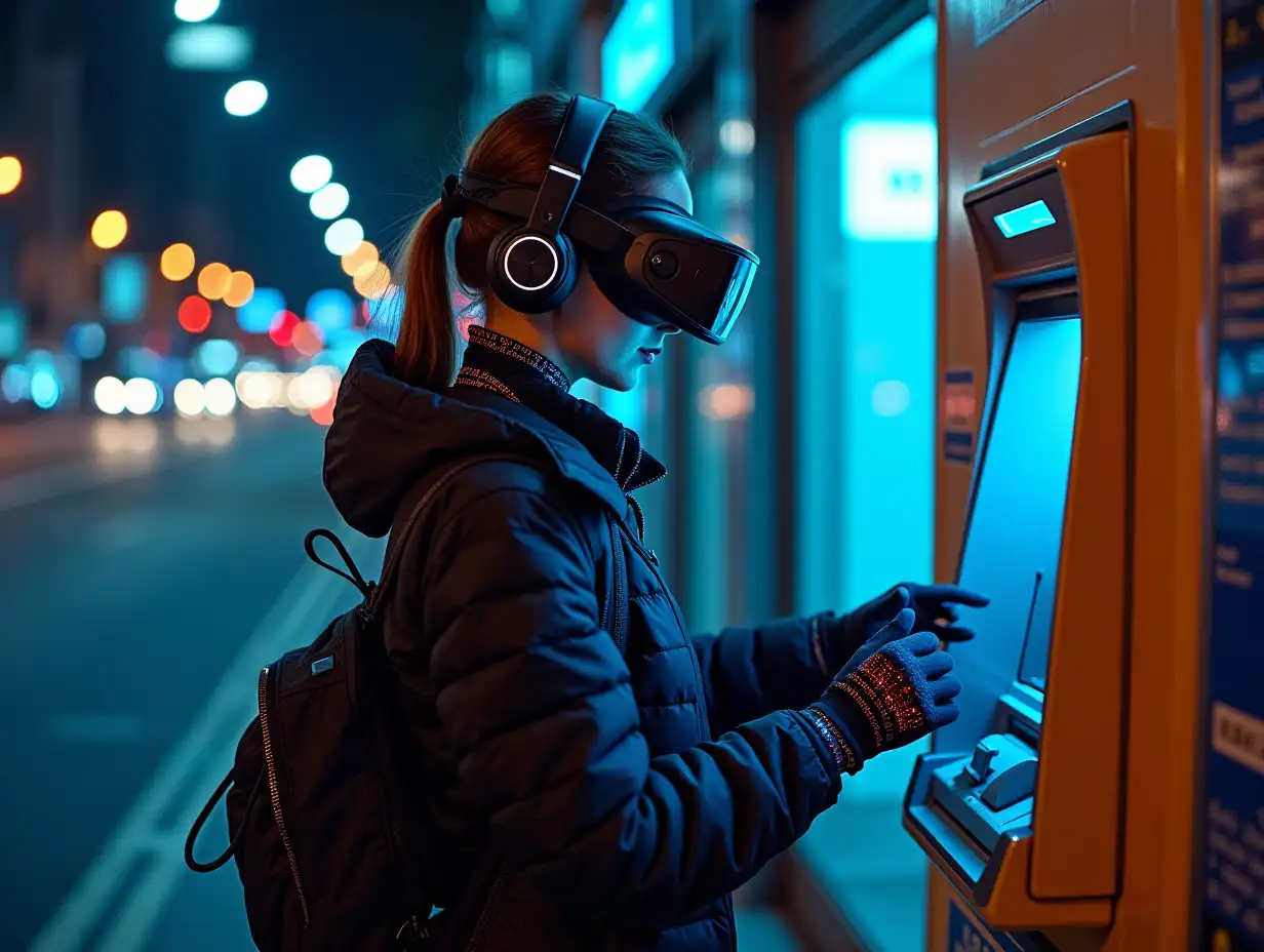 a young female hacker on a street at night, withdrawing money from atm machine, wearing futuristic jacket, vr goggles, headphones, cybernetic collar, gloves with diodes, smartwatch, lots of wearable cyberpunk hardware with excessive connected wires