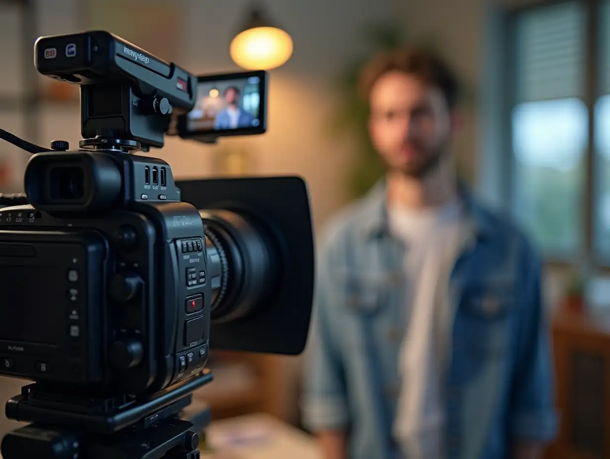 Focus on professional video production tech used for capturing footage on content creator filming various sketches for his internet channel. Vlogging camera and media star in blurry background talking