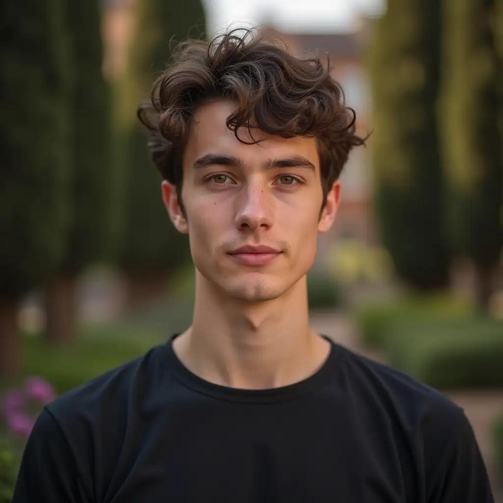 University student with tuscan gardens or library academic background. centered in frame. Close-up view showing head and upper torso. Realistic photographic style. Natural professional front light like a professional photo in a studio. Dutch young audult with strong Dutch facial features.