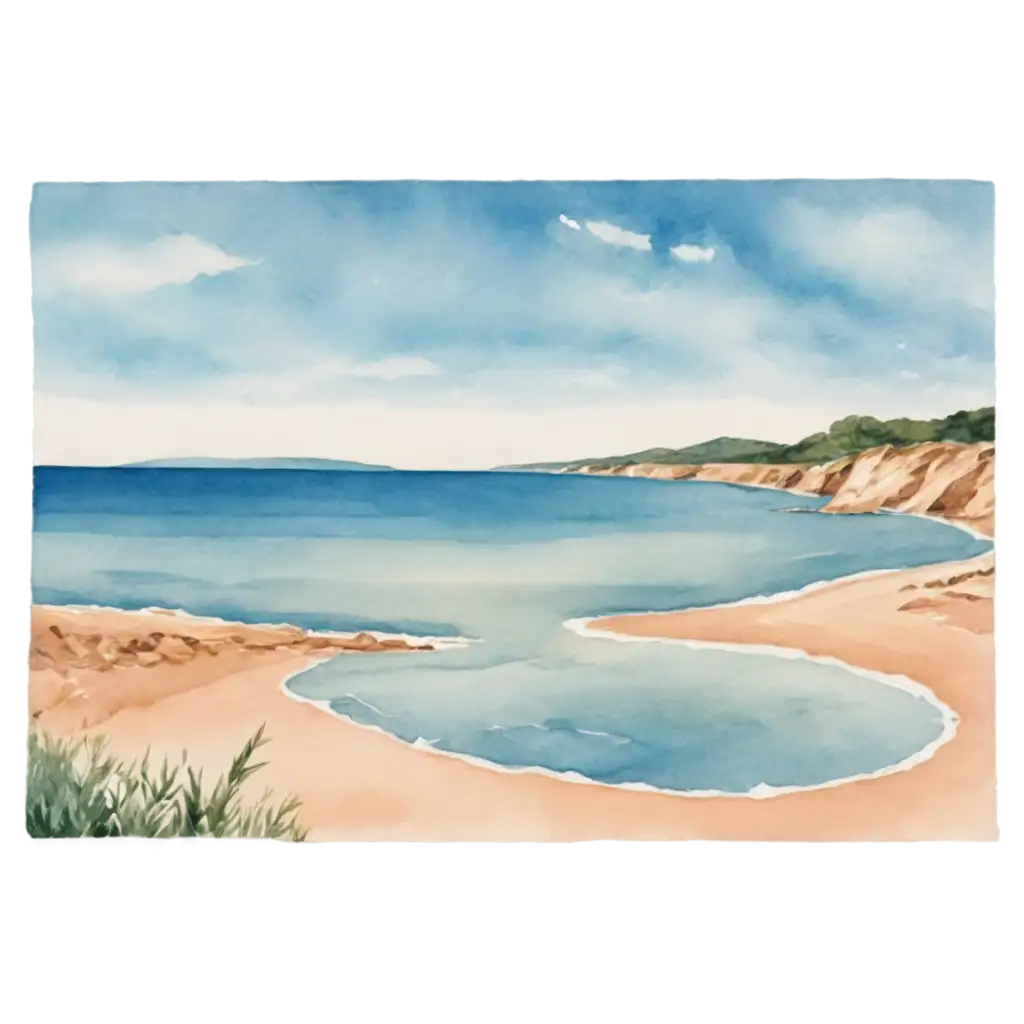 Watercolor-PNG-of-Serene-Sea-View-with-Soft-Waves-Blue-Sky-and-Sandy-Beach-Perfect-for-Summer-Travel-Graphics