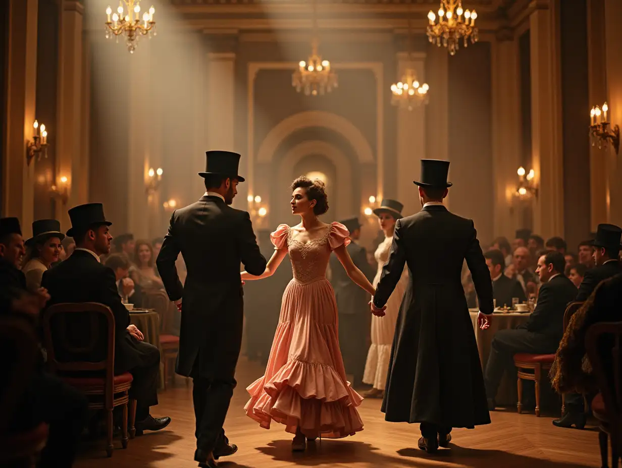 people from the bourgeoisie are wearing vintage clothes inside a big hall in victorian style and there are men and women dancing and others sitting