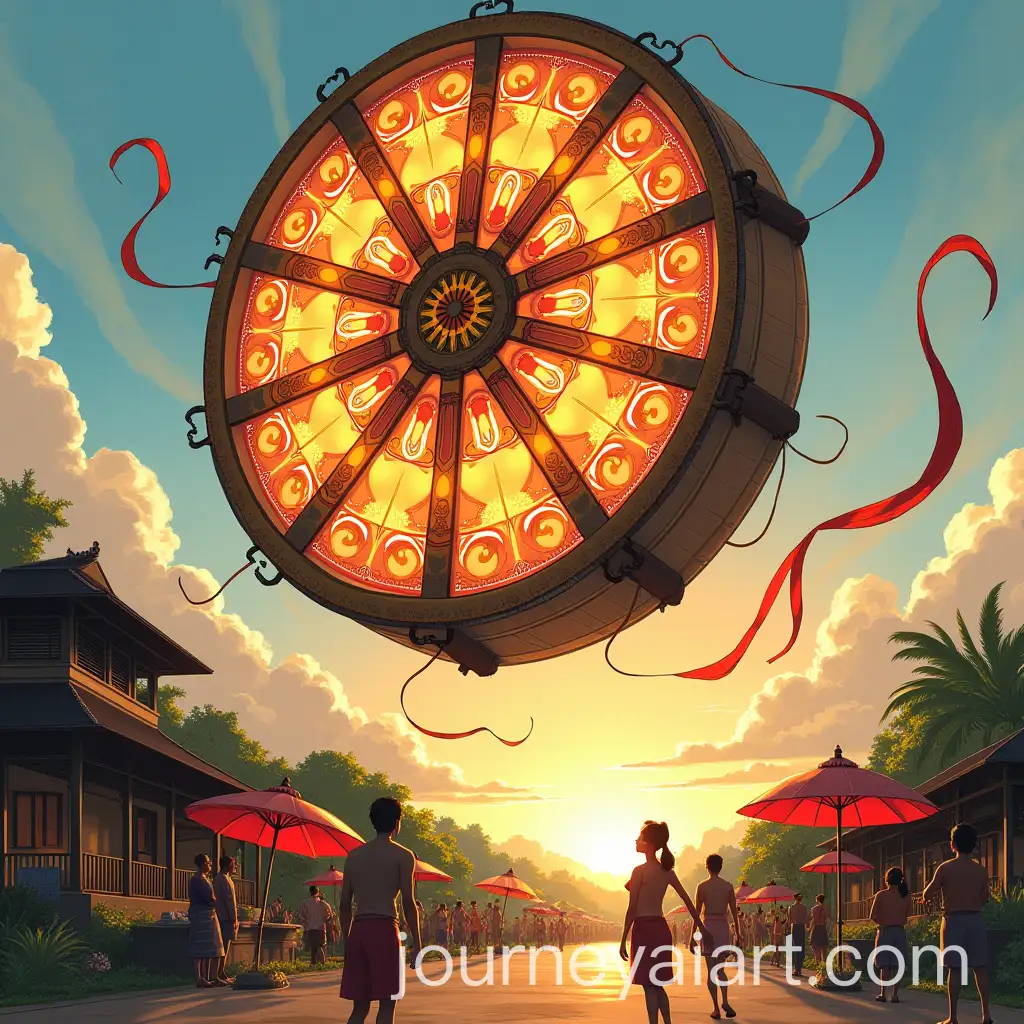 Intricate-DrumInspired-Kite-Soaring-Above-a-Balinese-Village-Square-at-Sunset
