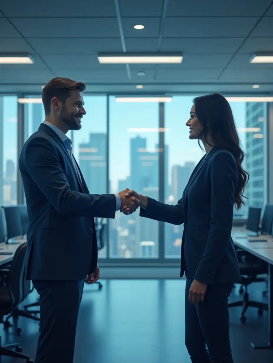 A professional recruiter shaking hands with a candidate in a modern office, symbolizing tailored hiring solutions. Digital elements like resumes and analytics in the background, with a sleek blue and gray color scheme