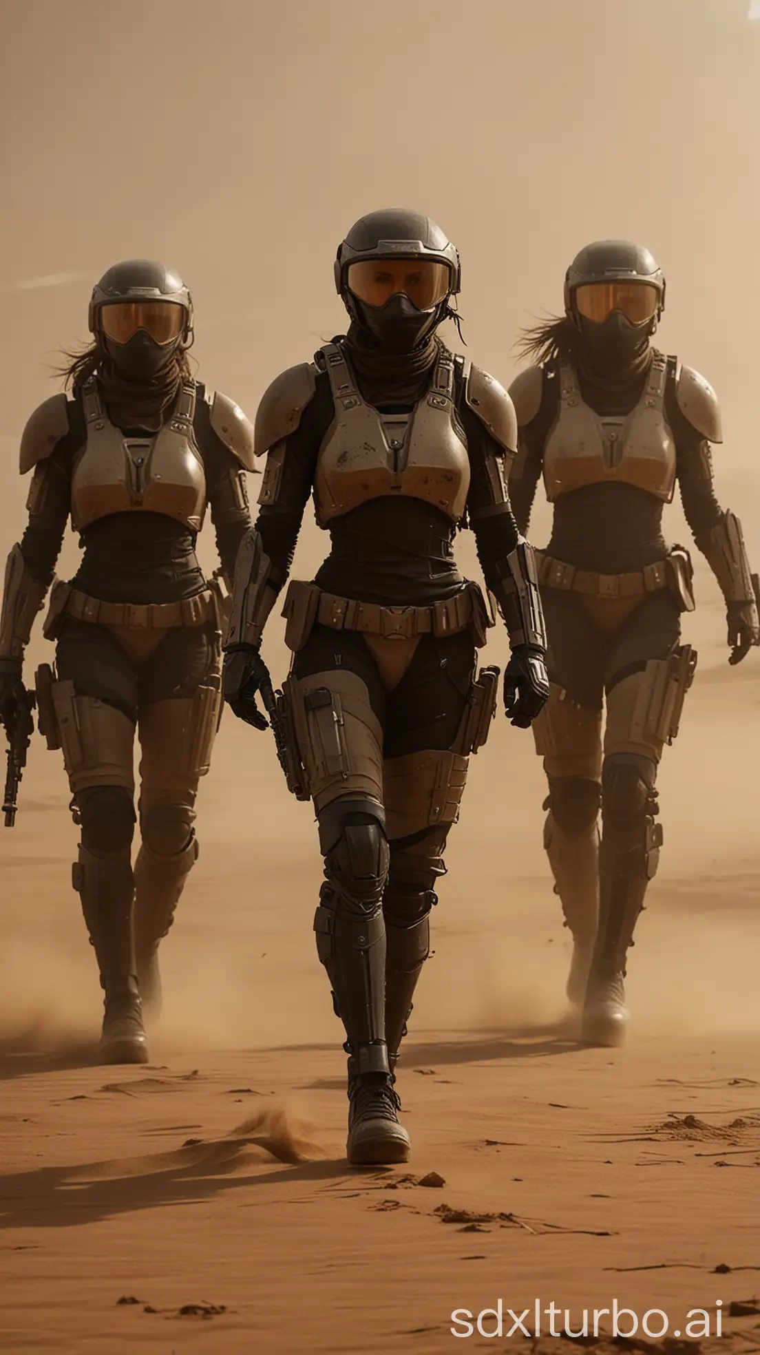 Three elite female soldiers with athletic hourglass figures in futuristic tan-and-black combat suits walk side by side through a sandstorm at dusk, their visors down, rifles held low. The wind lifts their tactical capes as sunlight breaks through the dust, casting long cinematic shadows