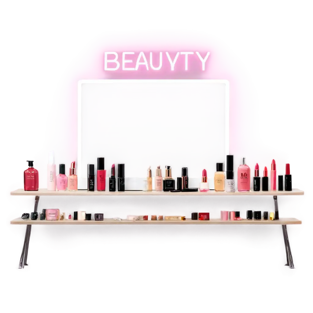 Create a stunning 3D representation of the beauty industry. The scene features a luxurious beauty studio with elegant lighting, showcasing makeup products like lipsticks, eyeshadow palettes, and brushes displayed on a sleek vanity table. Include a radiant model with flawless skin, styled hair, and dramatic makeup posing gracefully. The background highlights shelves of premium skincare bottles, perfumes, and cosmetics, with a glowing neon sign reading 'Beauty Redefined.' Use vibrant colors, soft textures, and a touch of sparkle to emphasize glamour and sophistication.