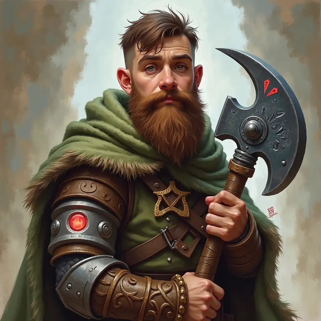 Young Dwarf, thick brows, holding a pickaxe, battle hammer, blazing red rune on hammer. Cooling cold rune on armor. DnD, Short, wide. Peaceful portrait, short brown hair, short haircut (sides buzzed) hipster hairstyle, [long brown beard], fantasy painting, 1990s style;