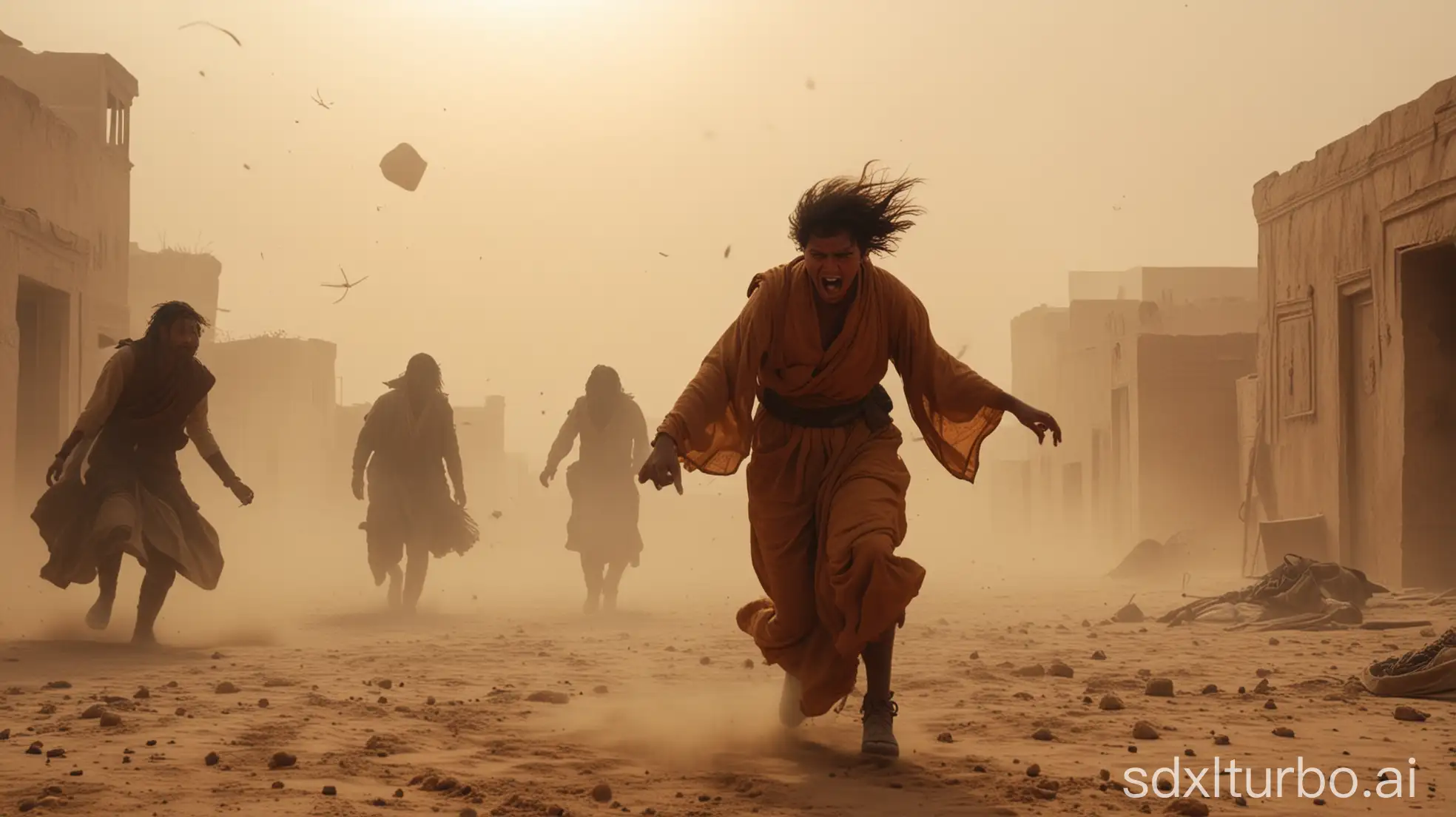 A violent sandstorm sweeps through an ancient desert city. Several people are seen being lifted and thrown into the air by the intense wind. Their clothes and hair are flying wildly. The atmosphere is chaotic, with swirling dust, flying debris, and broken objects. One person clings to a column, another is mid-air, arms flailing. The sky is dark and orange from the sandstorm. The camera is focused on a close-up of one terrified person's face as they are pulled upward by the wind. Highly cinematic, dramatic lighting, motion blur, extreme weather, disaster moment, realistic ancient clothing and environment.