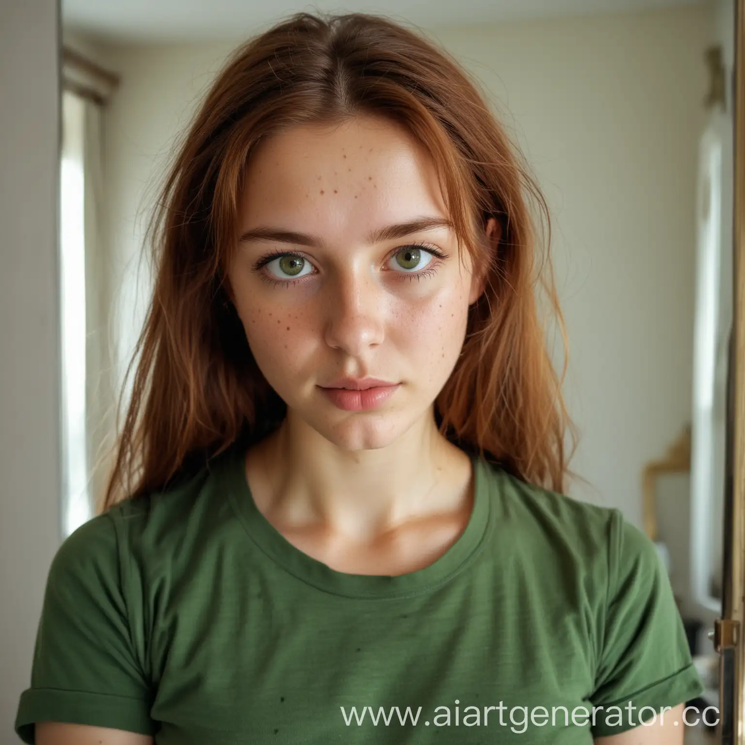 Portrait-of-a-GreenShirted-Girl-Photographing-Herself-in-the-Mirror