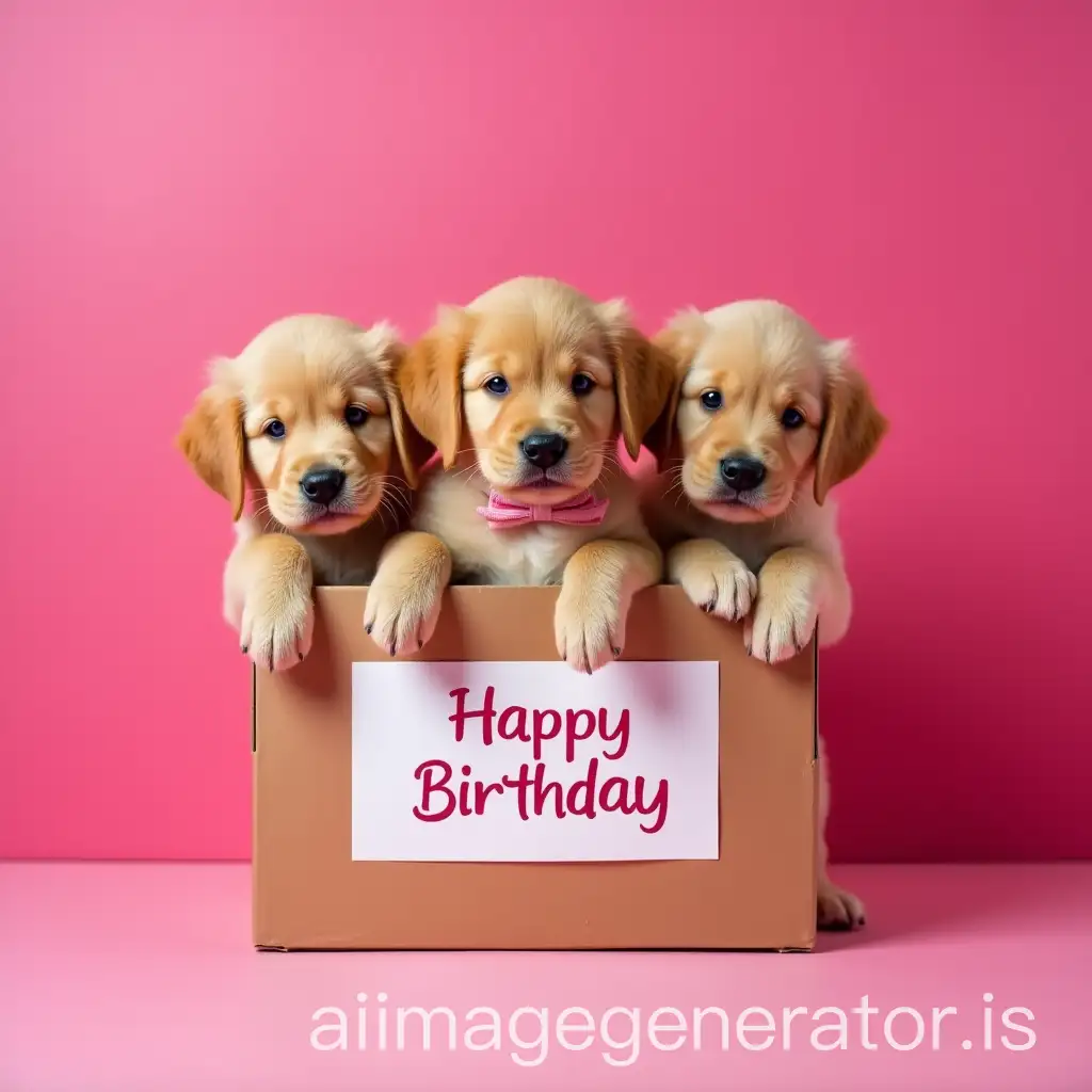 create a photo of three golden retriever puppies inside a box of rosy magenta color and holding a happy birthday sign in Spanish