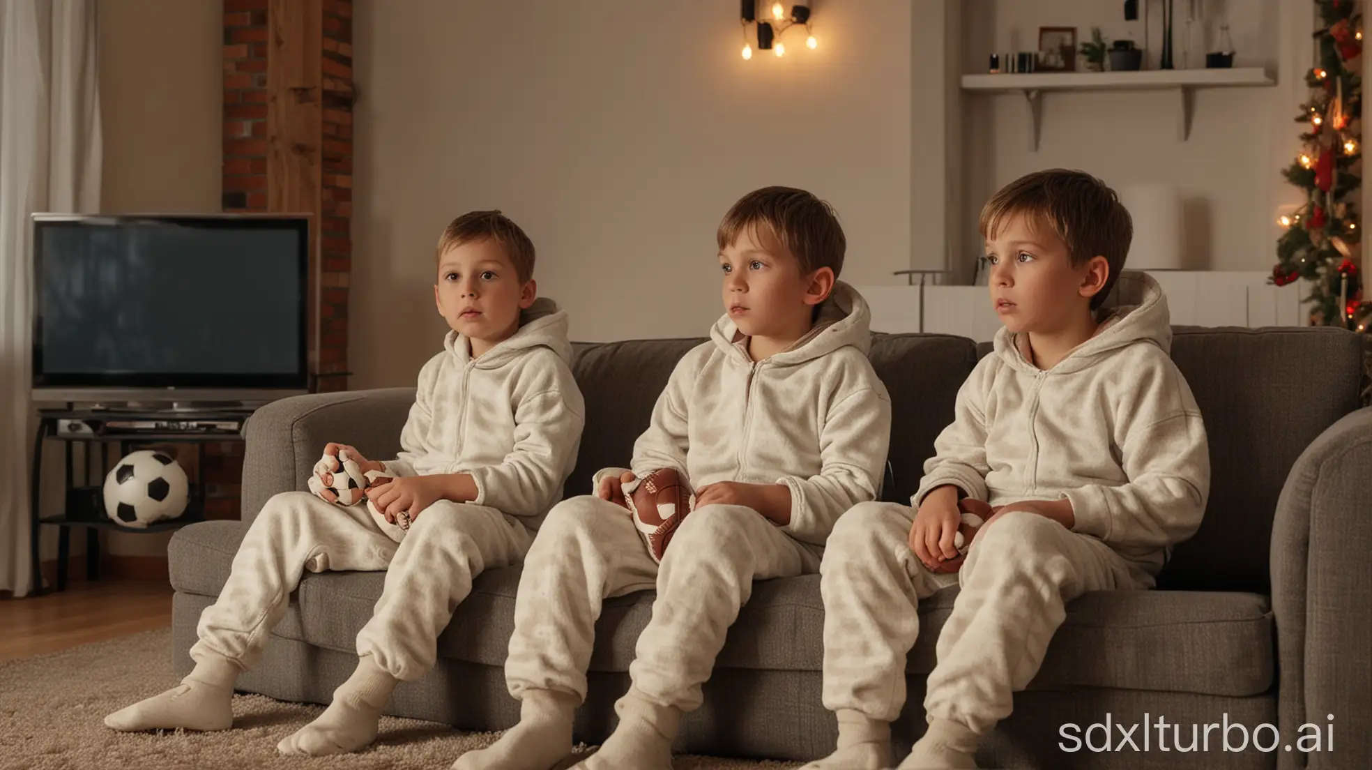 three little european boys, wearing footed onesie sleepers made out of rubber, sitting on a large couch in a large living room, watching a football game on a big tv, with a cozy fireplace in the room