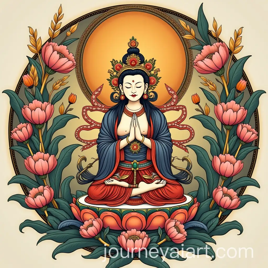 Tibetan-Goddess-Surrounded-by-Flowers-in-a-Circular-Arrangement