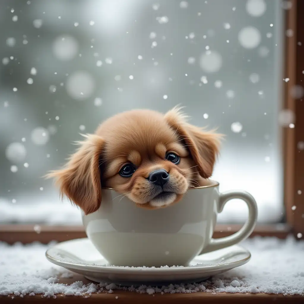 Adorable-Dog-Snuggled-in-Coffee-Cup-with-Snowflakes-Outside