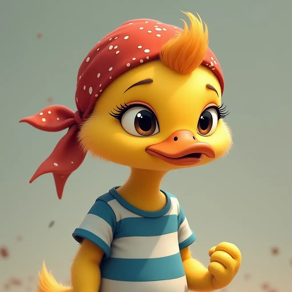 Duck, young, short, humanoid, yellow furred, orange peak, dark eyes, wearing a blue and white striped t-shirt and a red bandana on top of his head, looking nervy, timid.