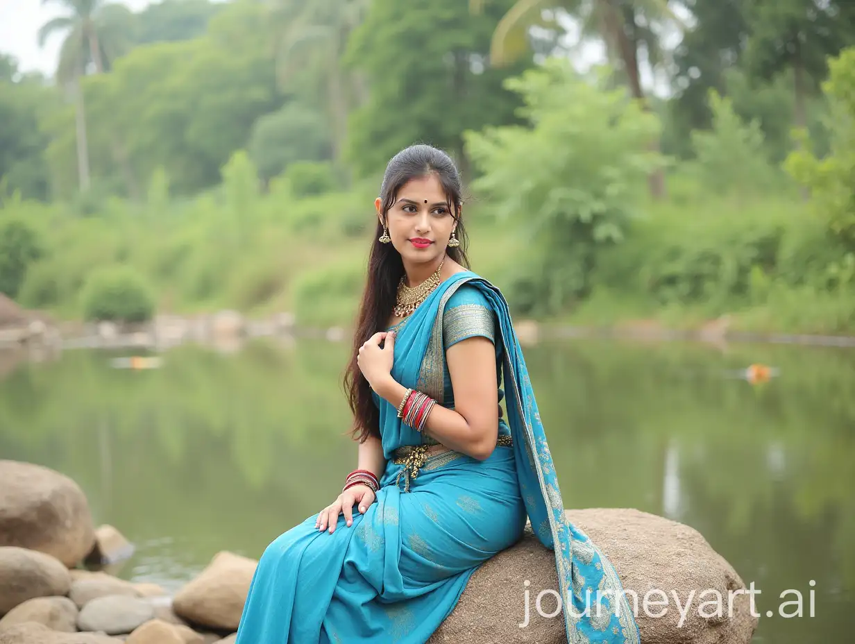 Beautiful-Woman-in-Traditional-Saree-Posing-on-a-Rock