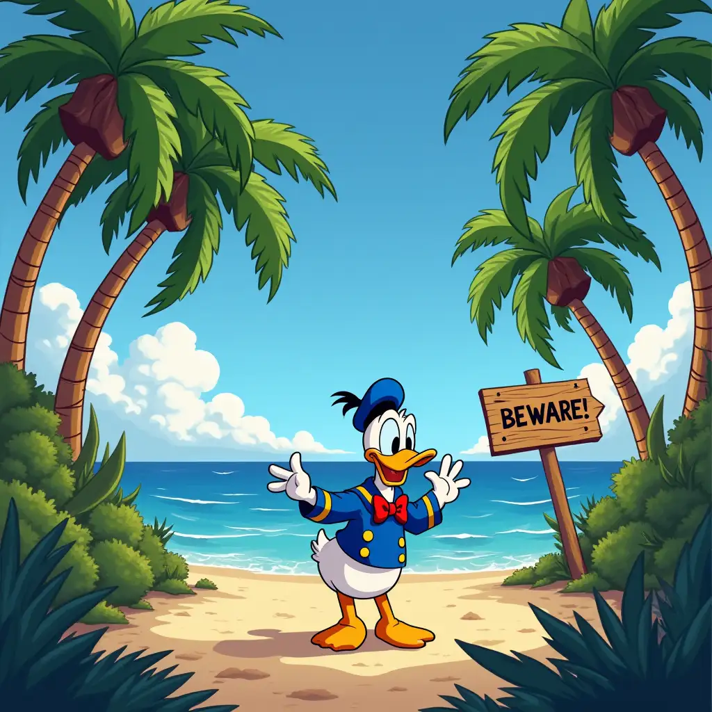 Donald-Duck-Arriving-on-a-Mysterious-Island-with-Tall-Palm-Trees-and-a-Warning-Sign