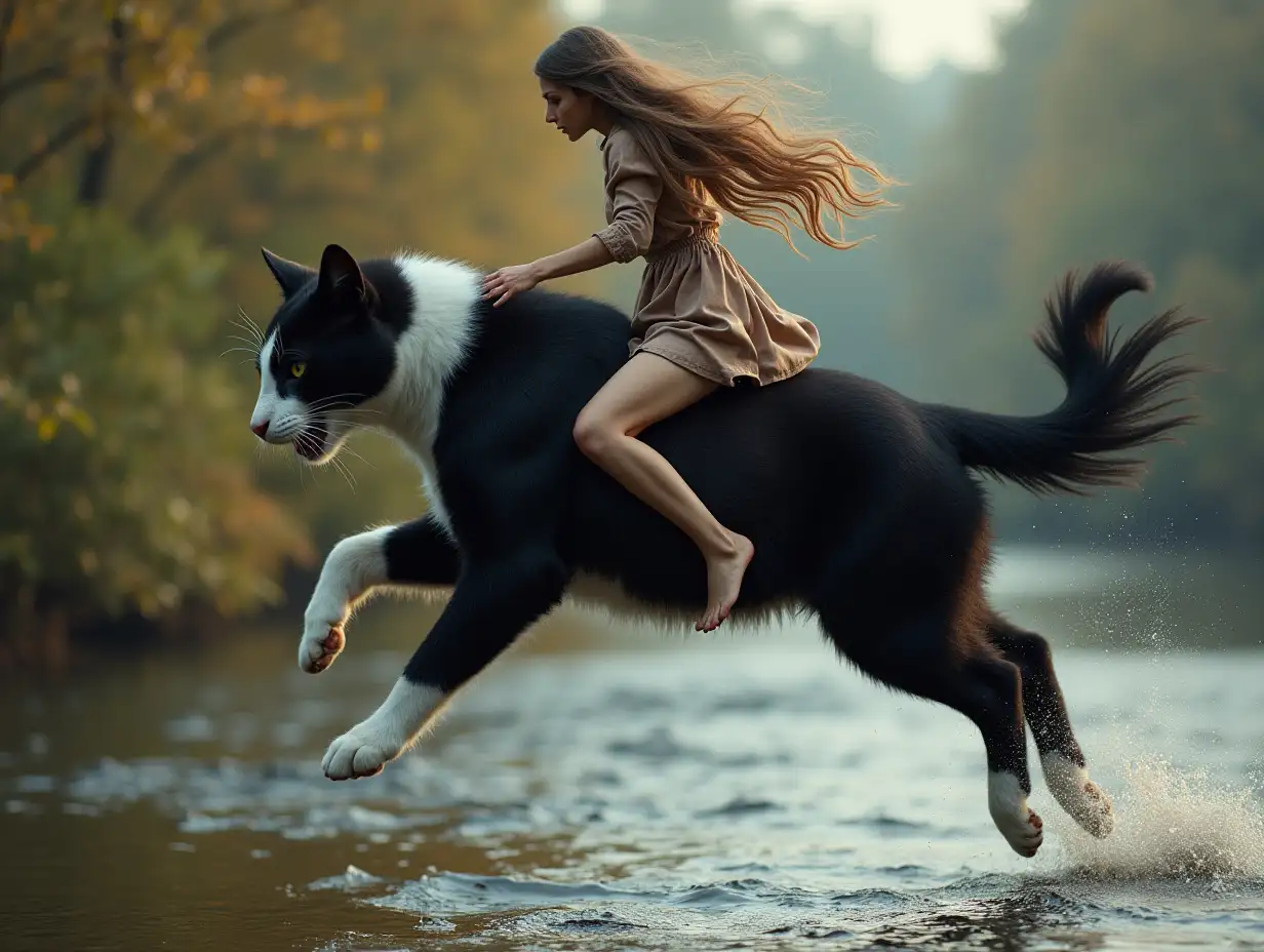 Young-Woman-Riding-Giant-Black-and-White-Cat-Over-River-in-UltraRealistic-Style