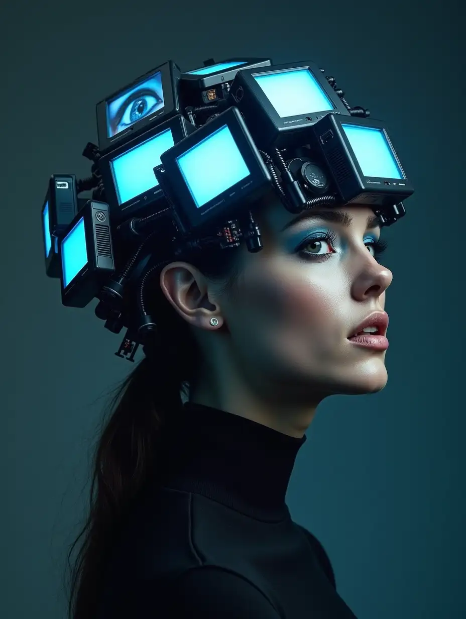 Epic scene, futuristic, surreal portrait featuring a woman whose face is partially obscured by an intricate, wearable sculpture made of multiple screens or monitors. Each monitor displays either a bright blue screen or a close-up of an eye, adding a sense of intrigue and digital surrealism. The monitors encircle her head in an almost helmet-like structure, giving a sense of entrapment or immersion in technology. The background is a dark, neutral gray, allowing the illuminated screens and the model’s subtly lit face to take center stage, surrealism and conceptual fashion photography, focusing on themes of technology, media, and human connection. By Tim Walker and Hiroshi Sugimoto and Steven Klein and Nick Knight, Movie poster, extremely detailed, hyper resolution, cinematic lighting, unique atmosphere