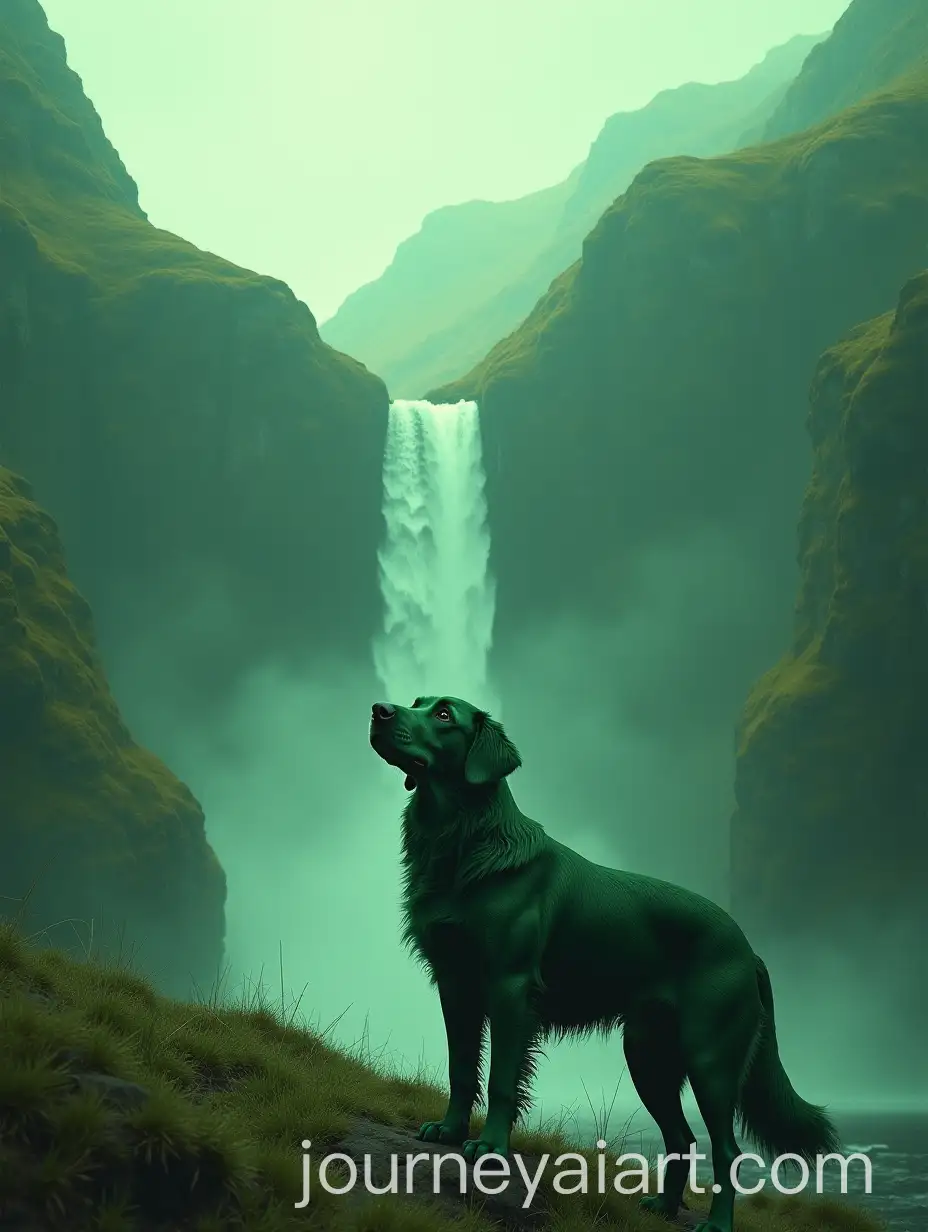 Green-Dog-with-Waterfall-Behind-Green-Mountain-in-4K