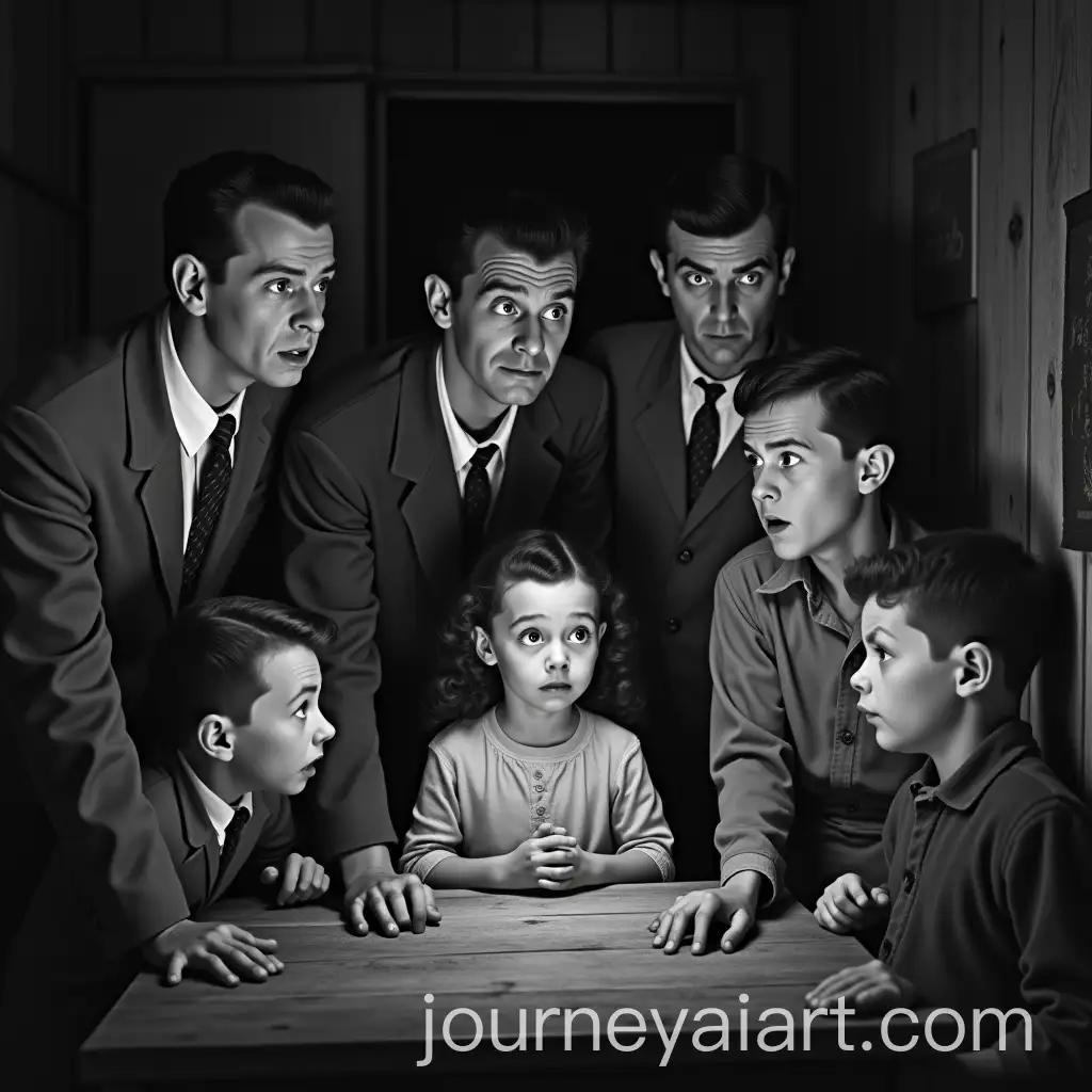 Vintage-Black-and-White-Photo-Mr-Bean-Telling-Scary-Story-to-Frightened-Girl-in-Cabin