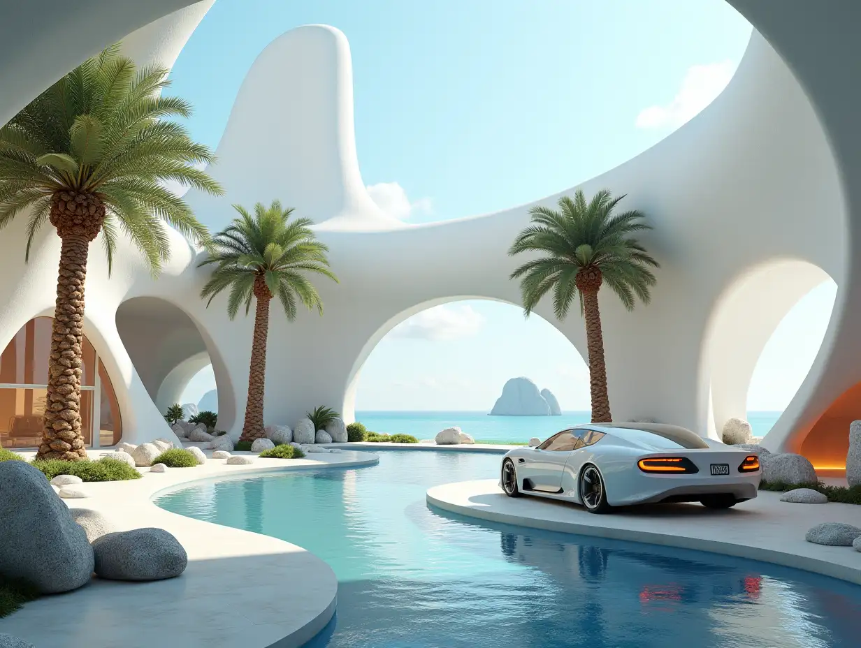 Create a high-resolution realistic image in 4k resolution of a futuristic building with curved pillars, palm trees, rocks and a futuristic vehicle