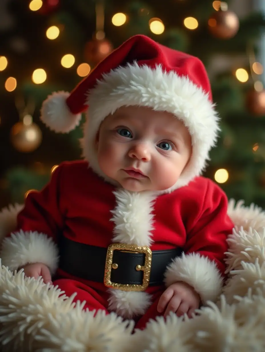 Newborn Infant in Santa Costume Under a Gorgeous Christmas Tree