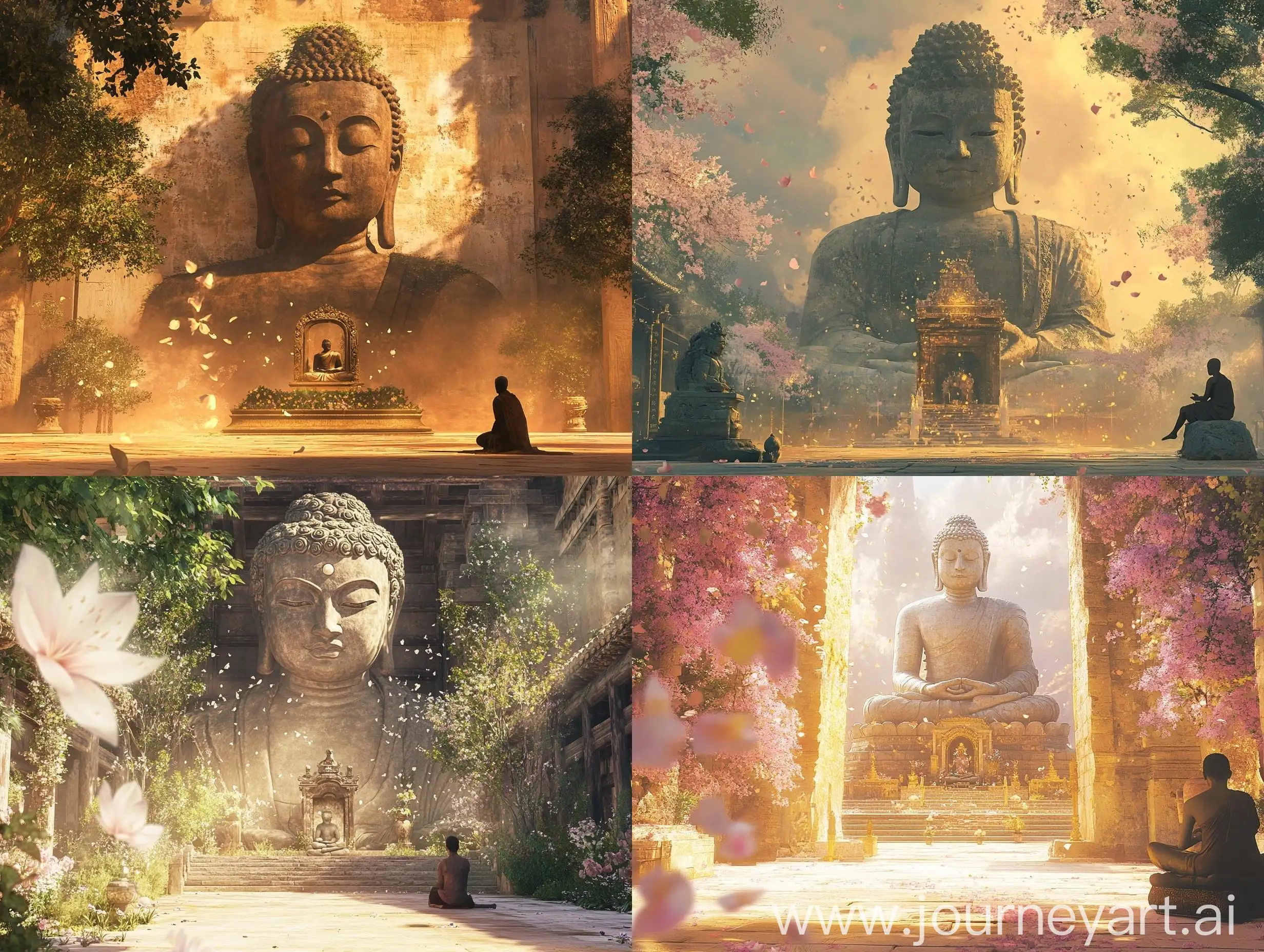 Buddha-Statue-in-Temple-Courtyard-with-Symbols-of-Anicca-Anatta-and-Dukkha