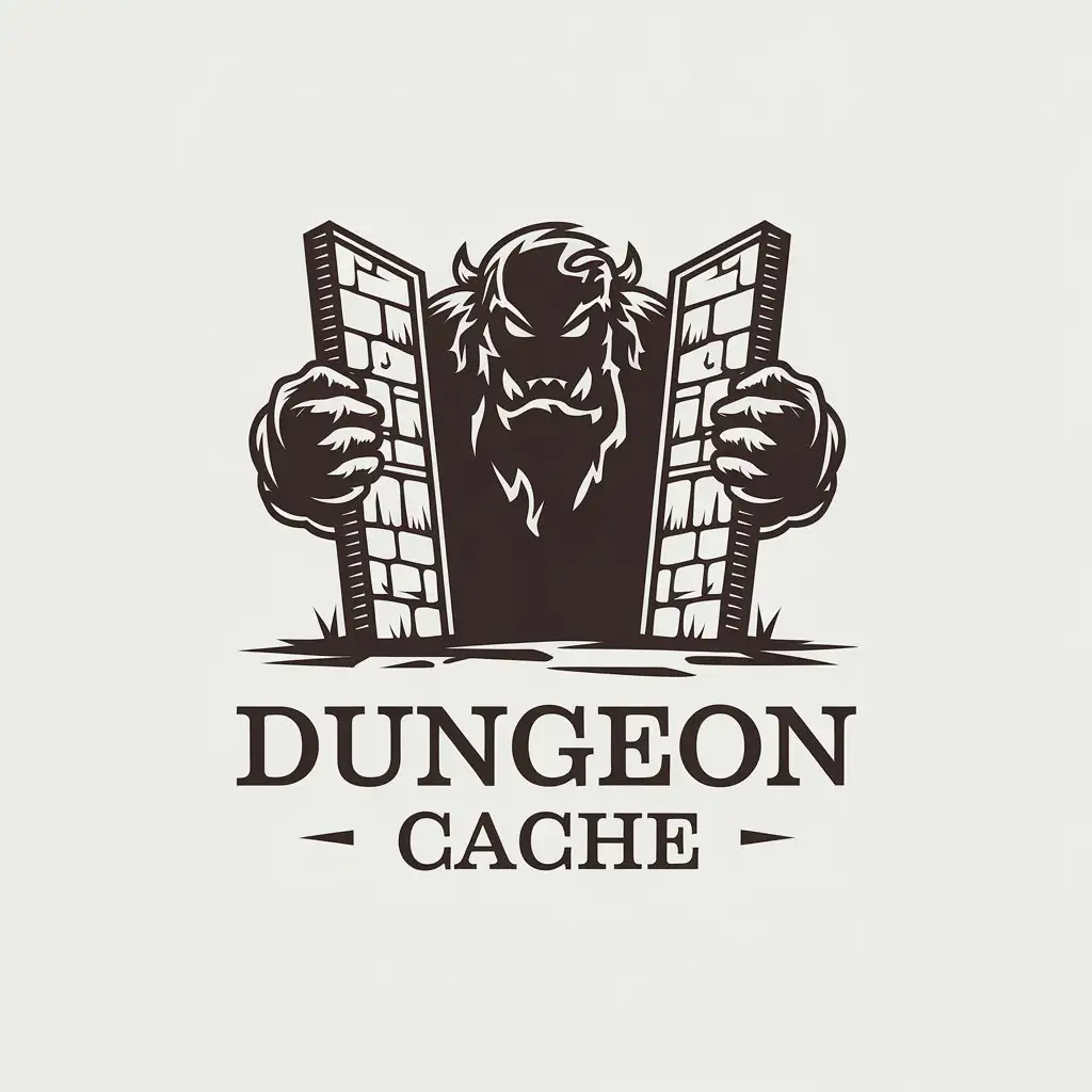 LOGO Design for Dungeon Cache Minimalistic HandDrawn Monster with Dungeon Entrance Symbol