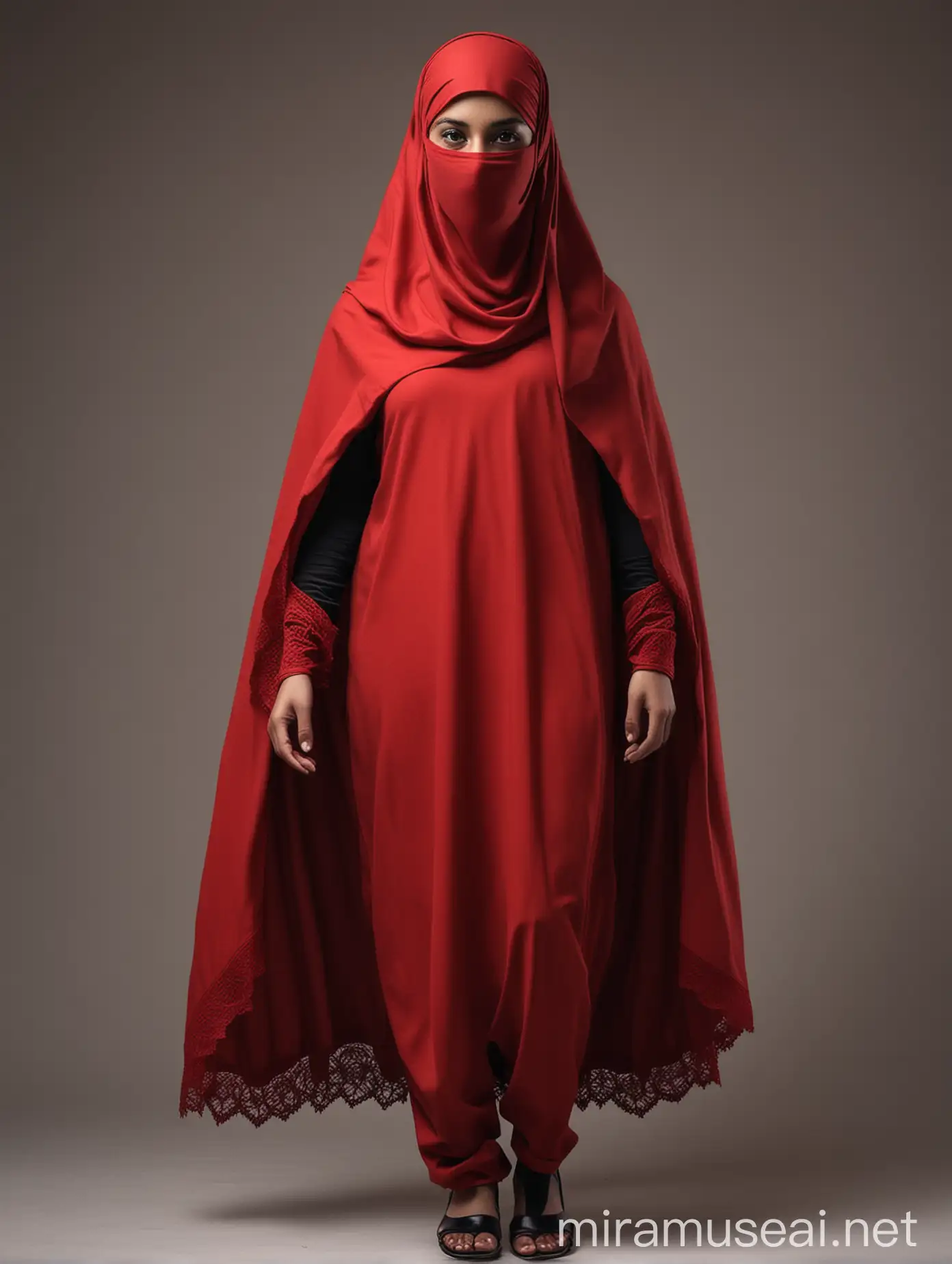 Silhouette of Young Muslim Woman in Red Niqab